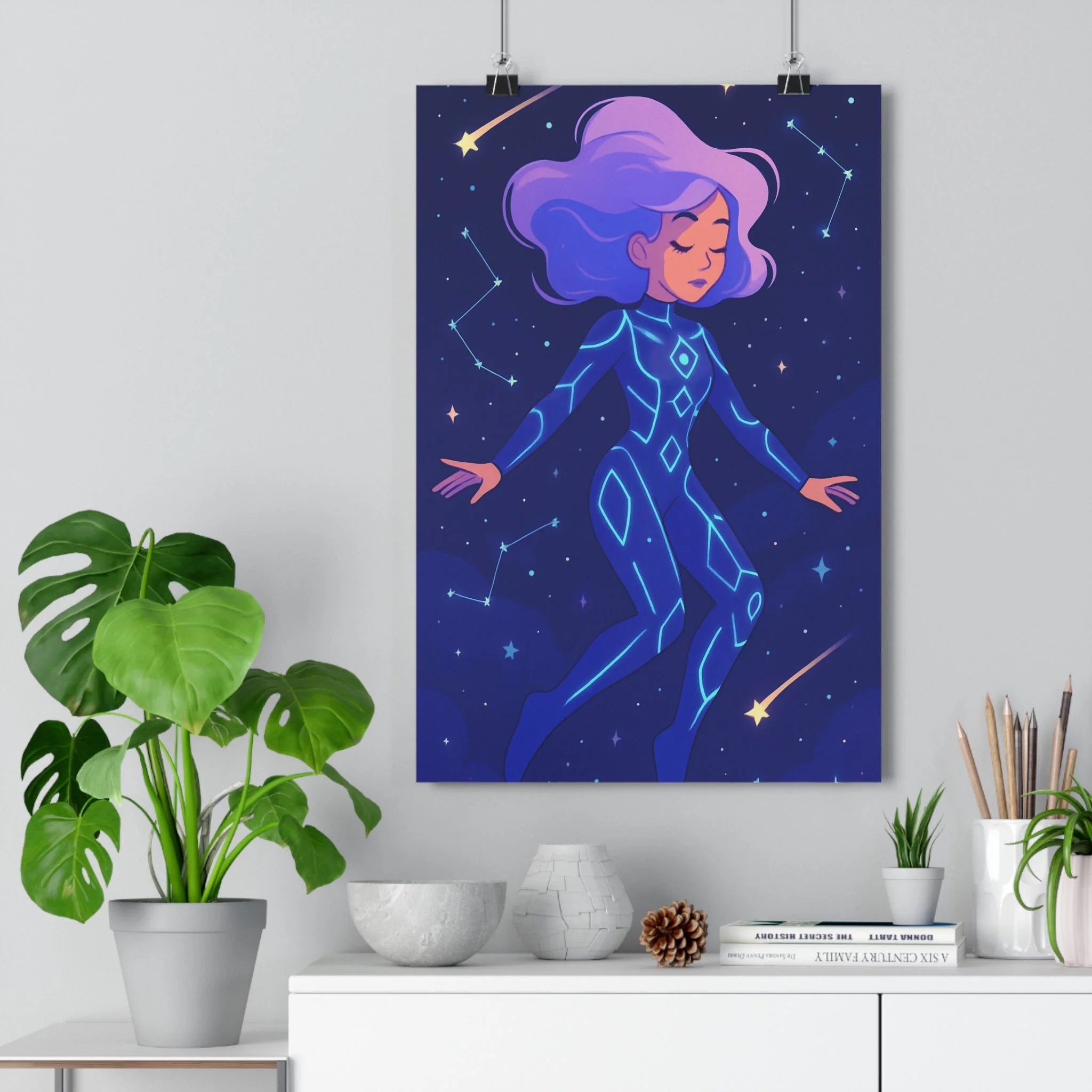 Poster décoratif moderne bleu violet cosmique mystique salon chambre rêveur apaisant féminin éthéré élégant