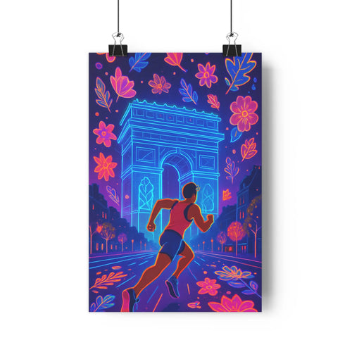 Poster homme course arc triomphe fleurs colorées ambiance festive bleu rose violet feuilles vertes style moderne dynamique ombres douces déco
