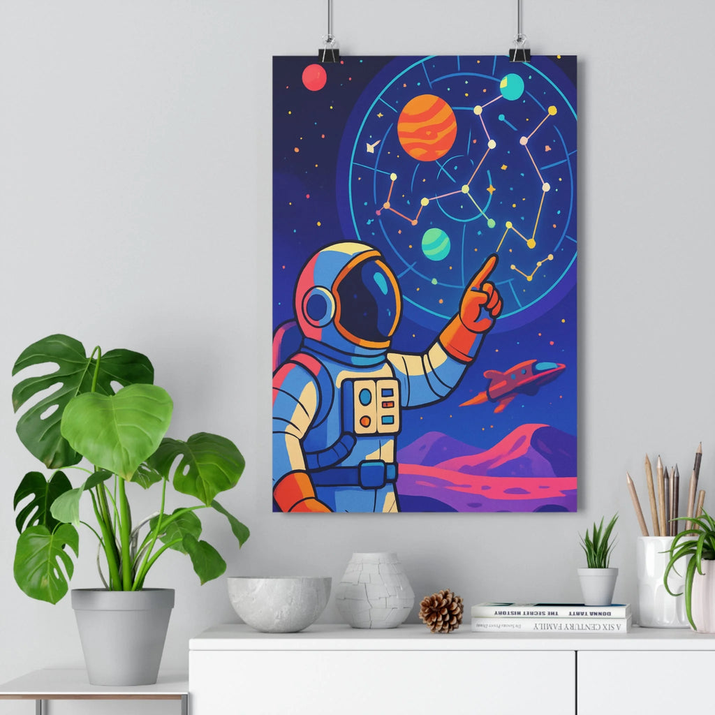 Poster astronaute espace constellations planètes couleur bleue orange fusée moderne graphique détaillé exploratoire chambre salon