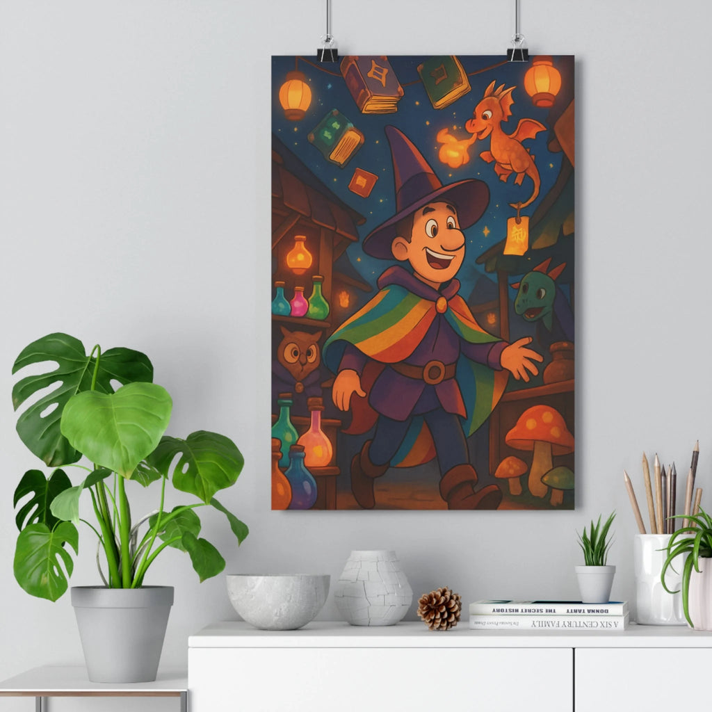 Poster décoratif féérique coloré joyeux magique sorcier dragon enfant chambre salon ciel étoilé flottant