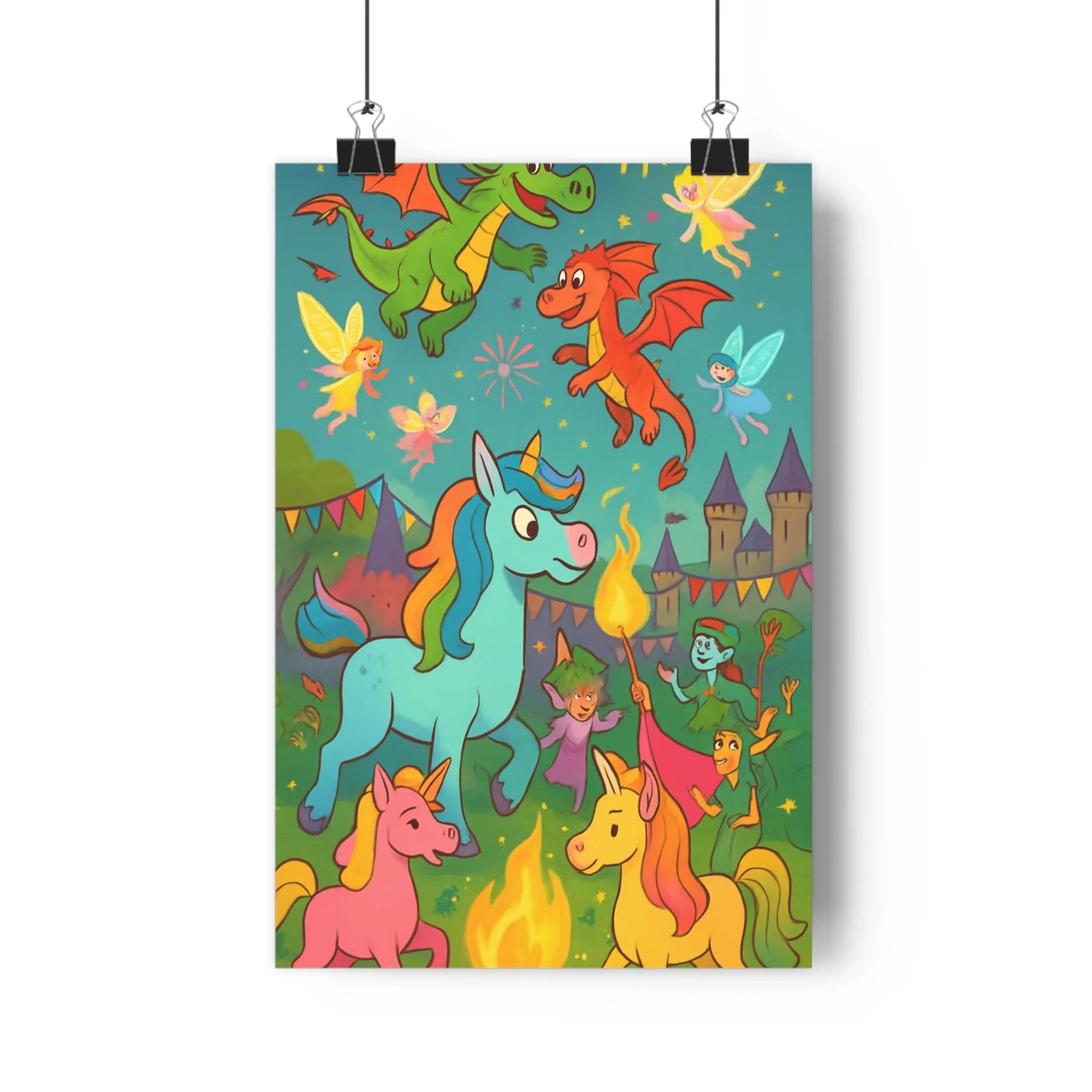 Poster décoratif magique cartoon pastel joyeux chambre enfants créatures dragons licornes fées châteaux étoiles