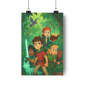 Poster aventure forestière équipe épée livres magie arbres végétation oiseaux vert rouge bleu ambiance fantastique cartoon expressions faciles chambre salon
