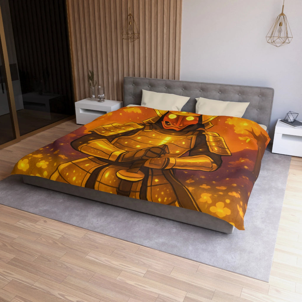 Housse de couette samouraï doré dans forêt magique, ambiance légendaire pour chambre zen