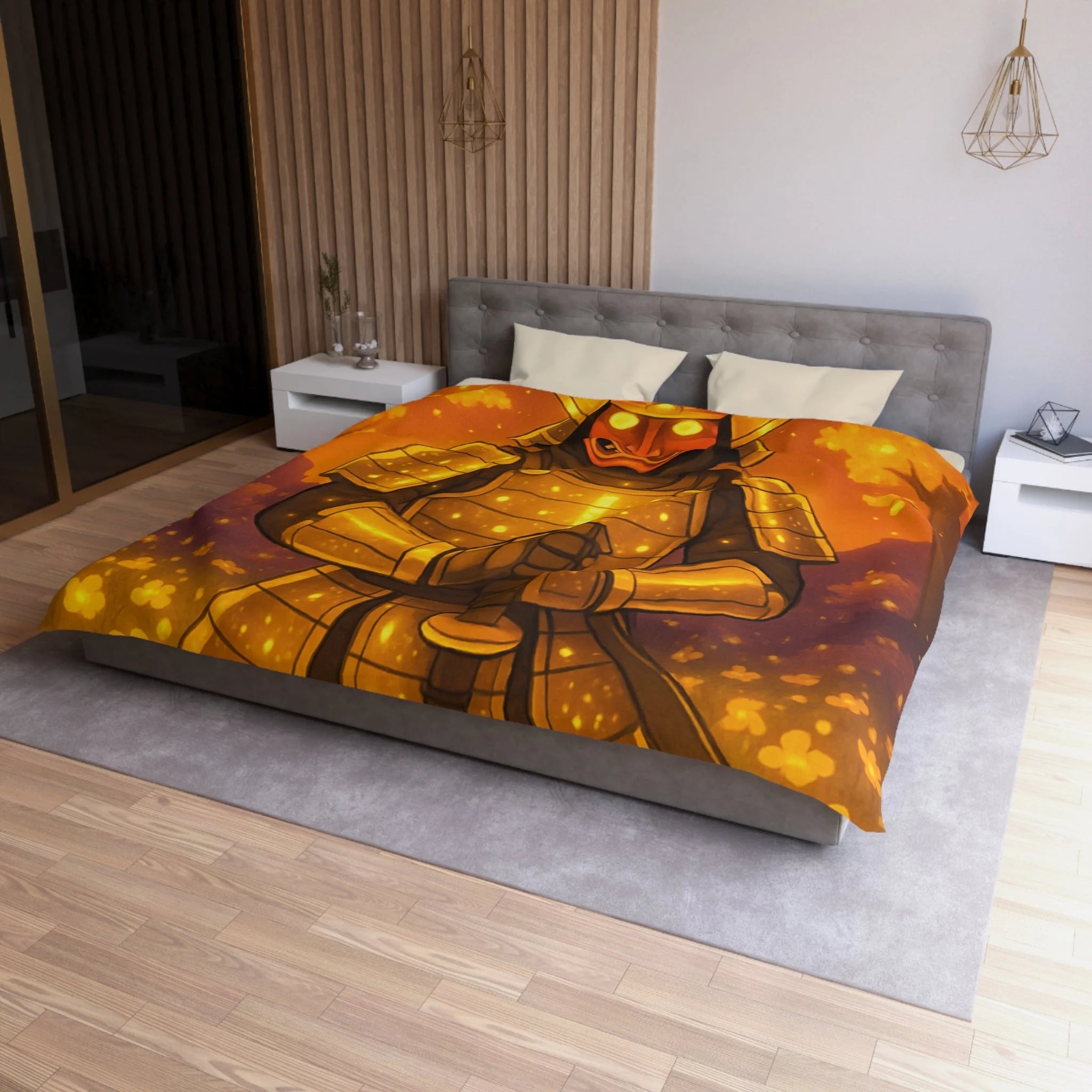 Housse de couette samouraï doré dans forêt magique, ambiance légendaire pour chambre zen