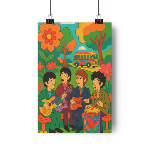 Poster joyeux cartoon personnages musiciens vêtements colorés paysage floral bus rétro vibrant festive salon chambre