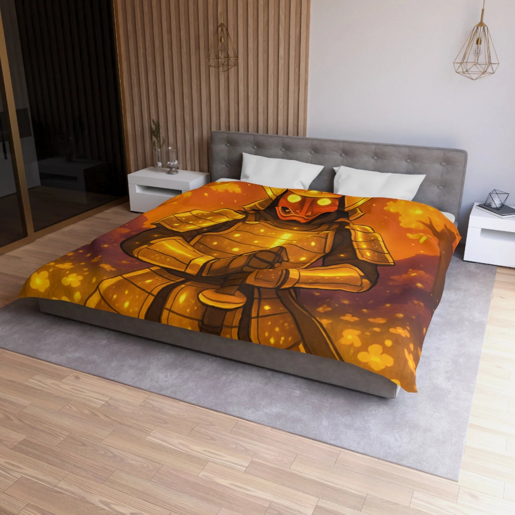 Housse de couette samouraï doré dans forêt magique, ambiance légendaire pour chambre zen