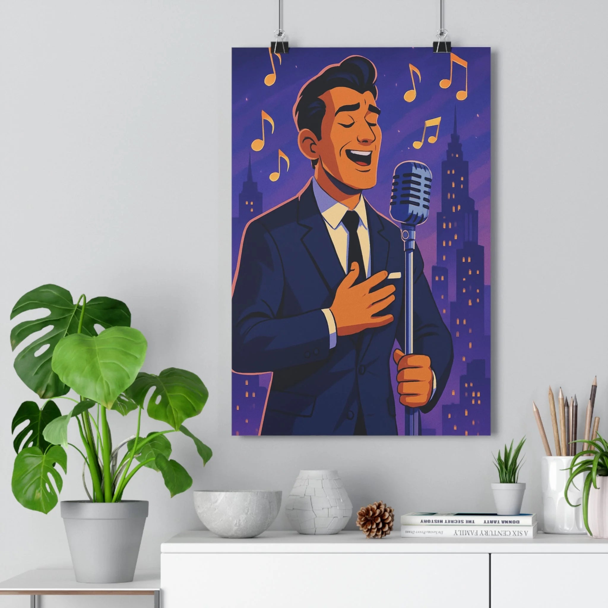 Poster décoratif rétro chanteur élégant costume sombre musique urbain lumineux chambre vintage ambiance dessin