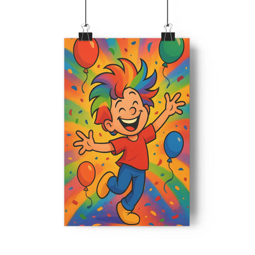 Poster joyeux enfant multicolore ballons confettis plante verte livres étagère ambiance festive cartoon vibrant