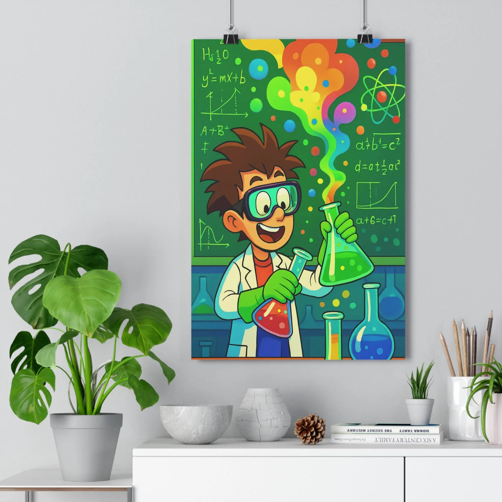 Poster décoratif scientifique joyeux coloré animé laboratoire enfant éducatif formule chimique vif dynamique lumineux