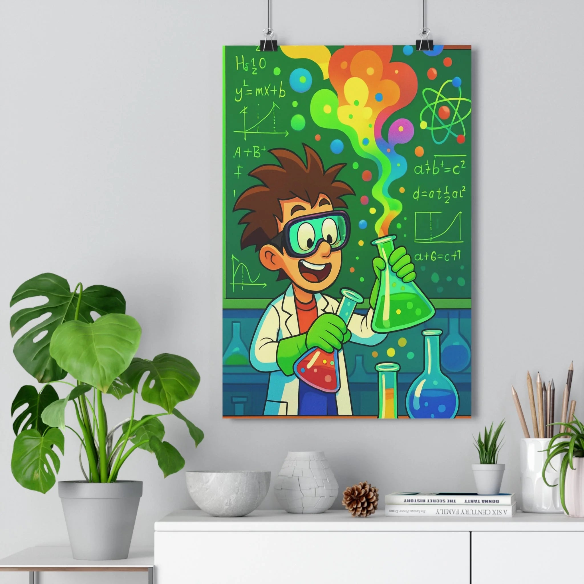 Poster décoratif scientifique joyeux coloré animé laboratoire enfant éducatif formule chimique vif dynamique lumineux