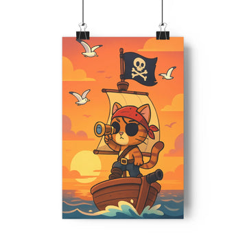 Poster aventure chat pirate marin bandana télescope bateau vague bleue ciel rose orange nuage oiseau ambiance joyeuse style cartoon enfant