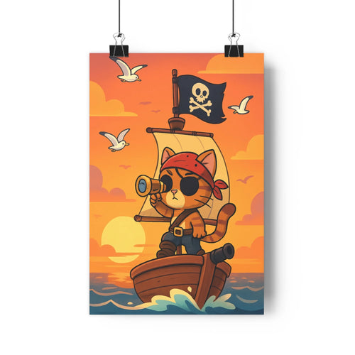 Poster aventure chat pirate marin bandana télescope bateau vague bleue ciel rose orange nuage oiseau ambiance joyeuse style cartoon enfant