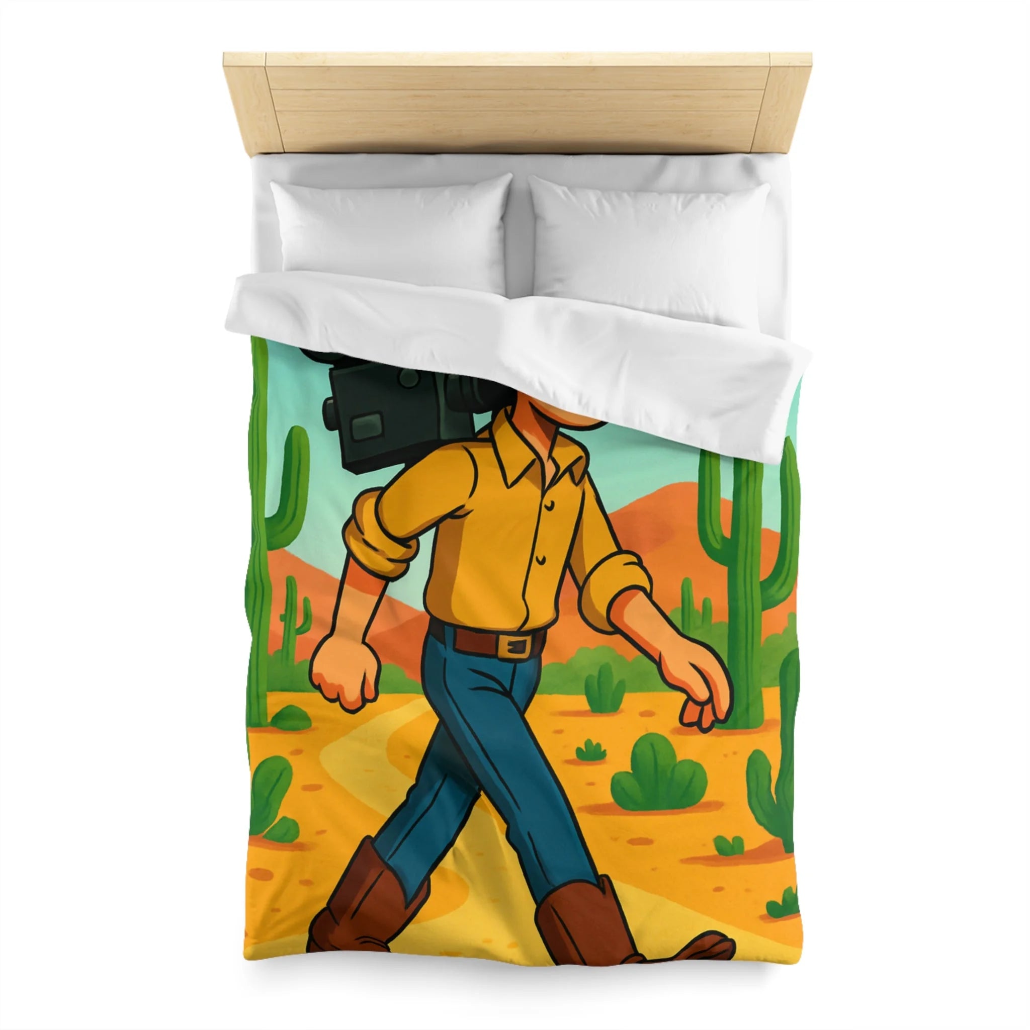 Housse de couette western cowboy dessin animé, désert cactus rétro style vibrant