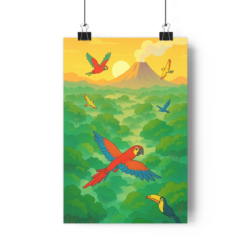 Poster tropical vibrant perroquets toucans foret volcan couchant nuages arbres luxuriants couleurs vives cartoon exotique ambiance joyeuse salon chambre mur