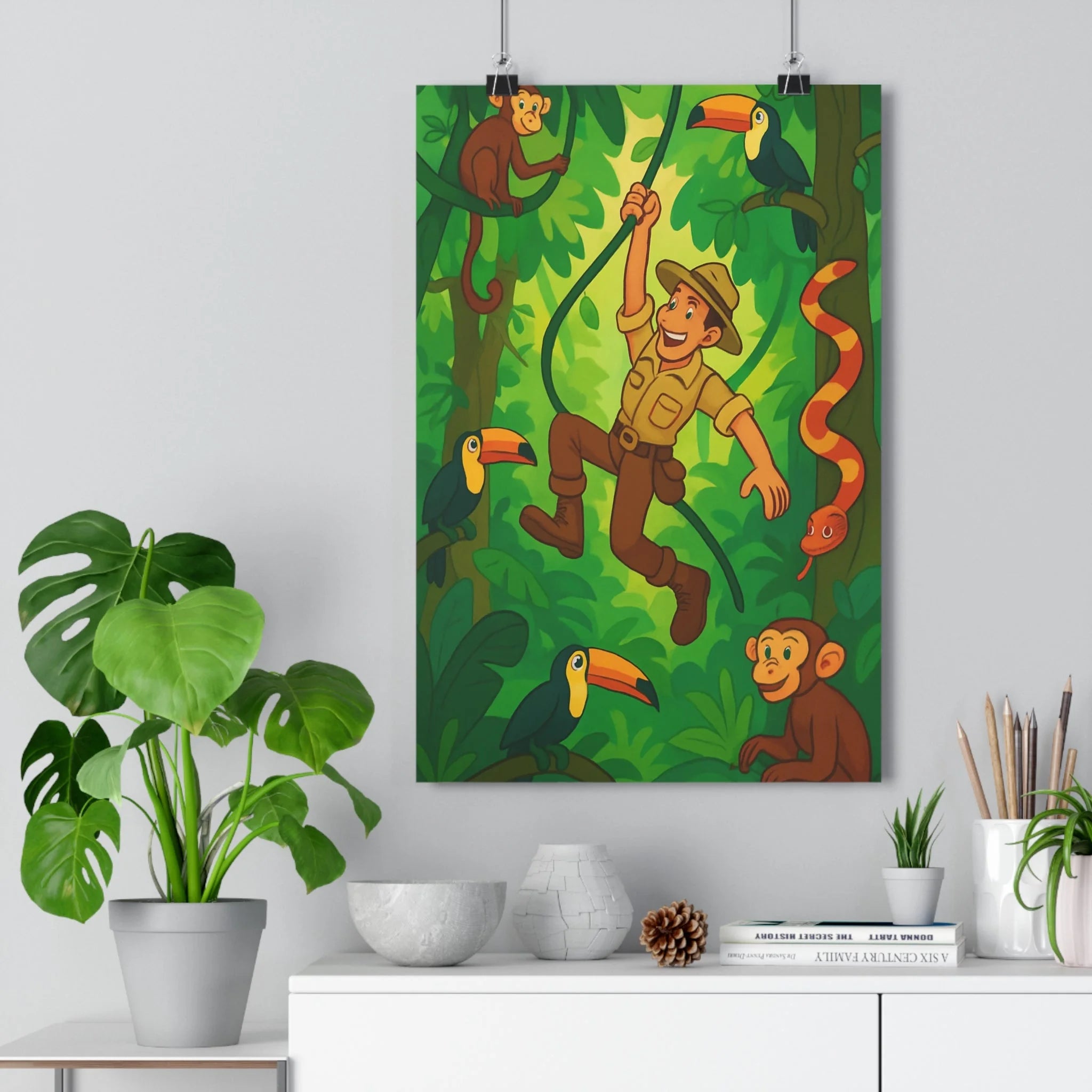 Poster décoratif cartoon jungle mystique exotique vibrant coloré aventure explorateur enfants chambre salon tropicales