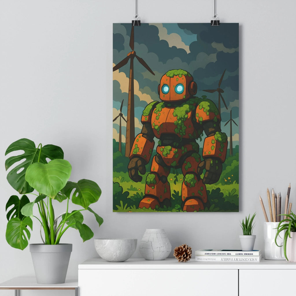 Poster décoratif robot vert cartoon futuriste salon bureau nature vibrant coloré paysage unique ambiance
