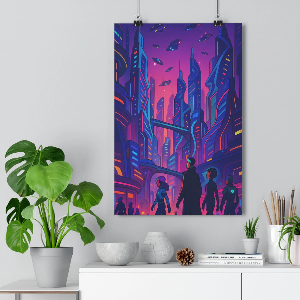 Poster décoratif futuriste néon bleu rose moderne vibrant chambre salon format 30x46 intérieur tendance