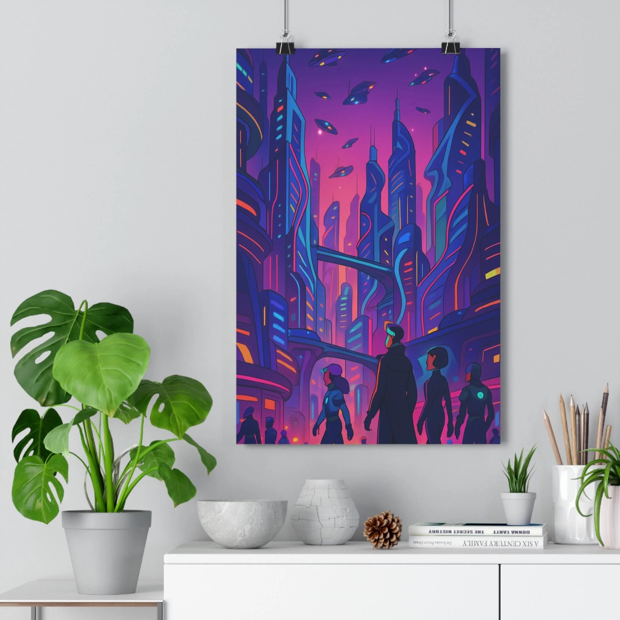 Poster décoratif futuriste néon bleu rose moderne vibrant chambre salon format 30x46 intérieur tendance