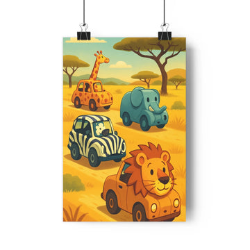 Poster safari animaux girafe éléphant zebre lion vehicules motifs animaliers paysage sauvage arbres collines couleurs chaudes jaune vert bleu style