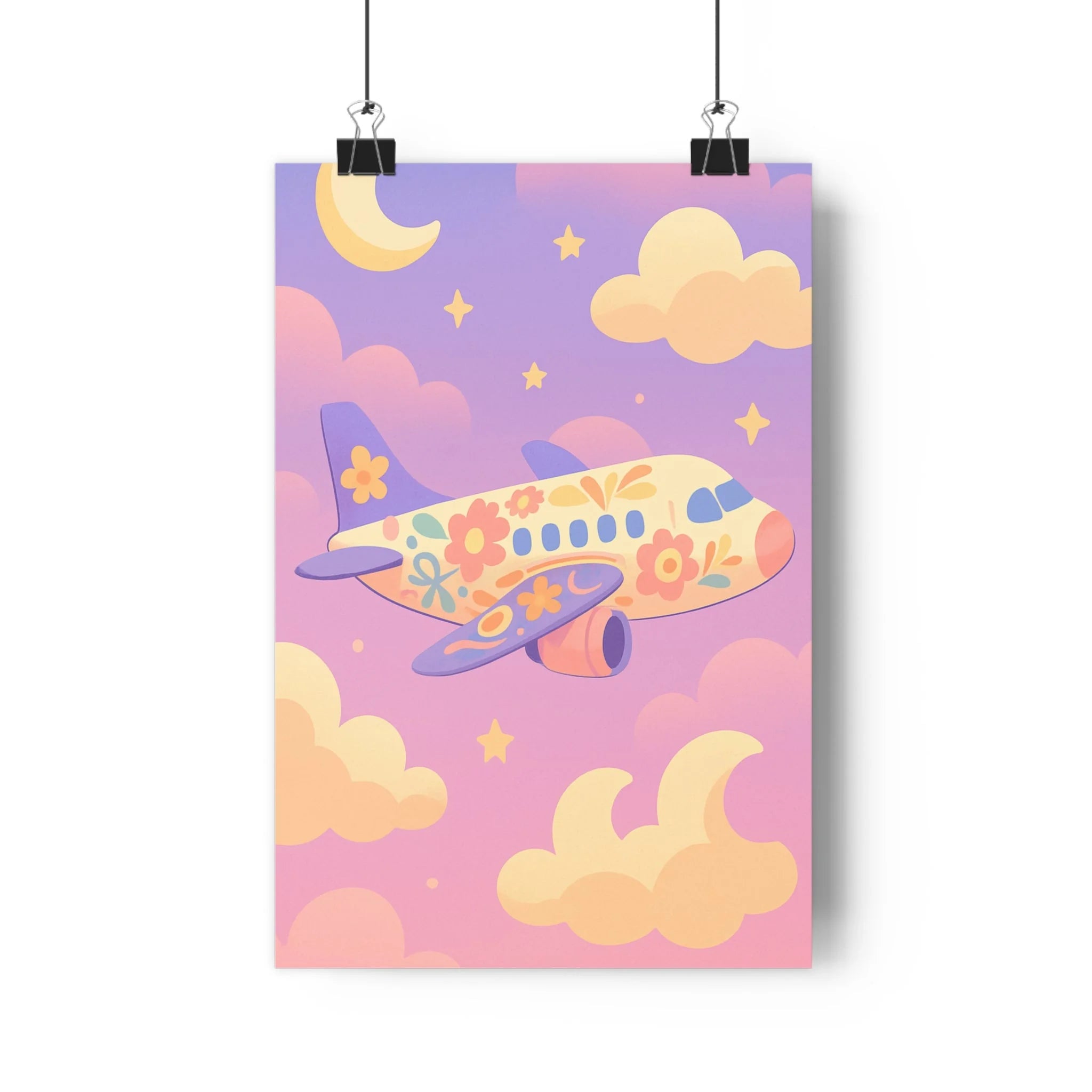 Poster décoratif fantaisie avion motifs floraux pastel violet rose jaune ciel magique apaisant chambre