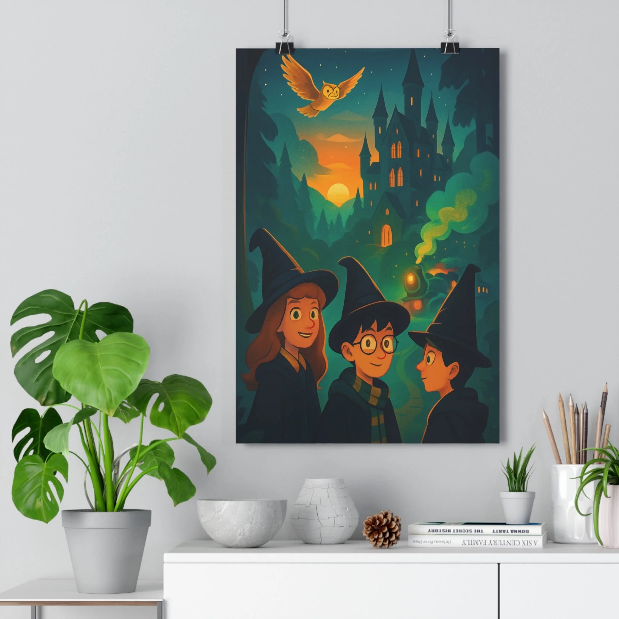 Poster décoratif magique sorcier château lune hibou enchanté cartoon couleurs vives chambre 30x46 cm