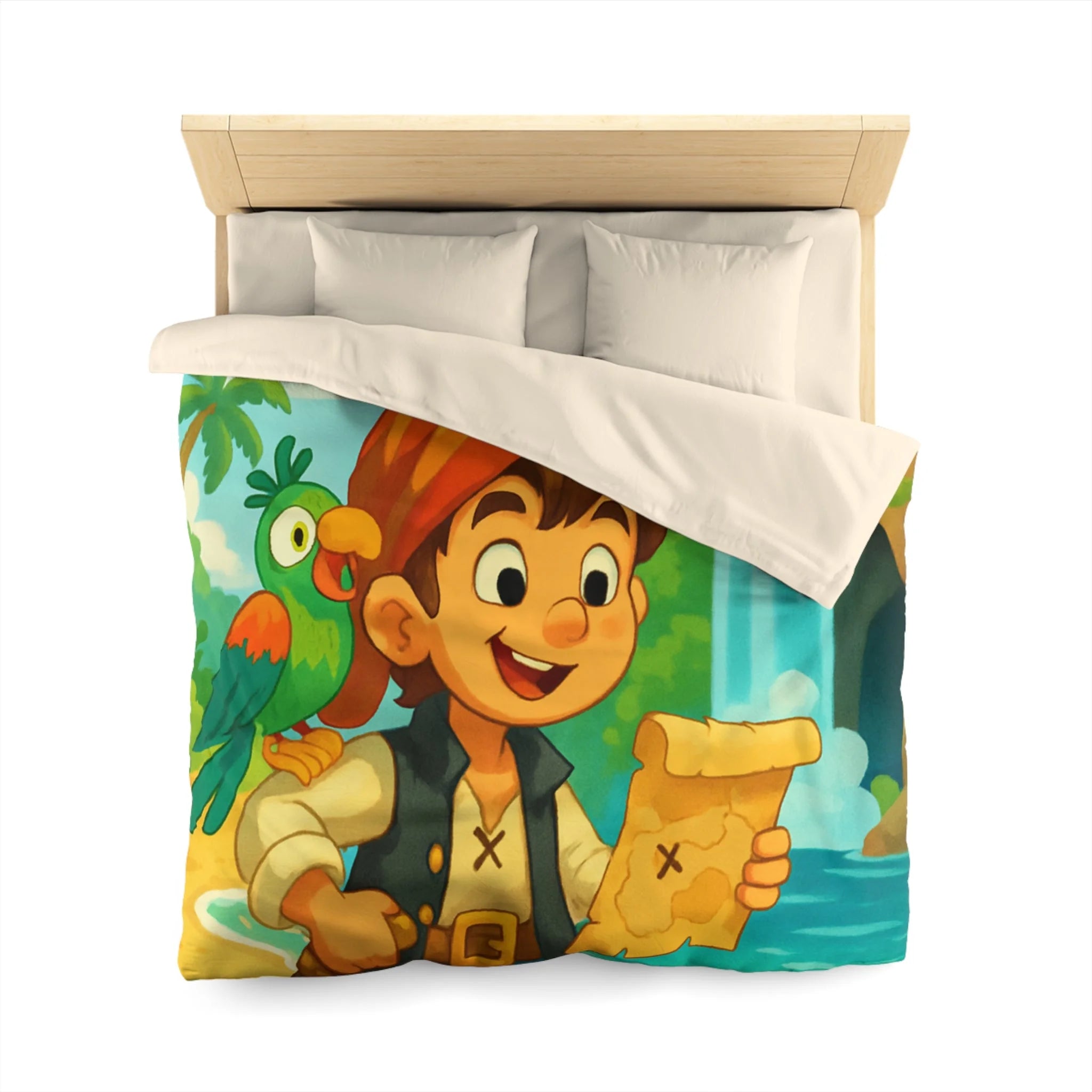 Housse de Couette Pirate Enfantine avec Perroquet, Carte au Trésor, Cascade et Plage