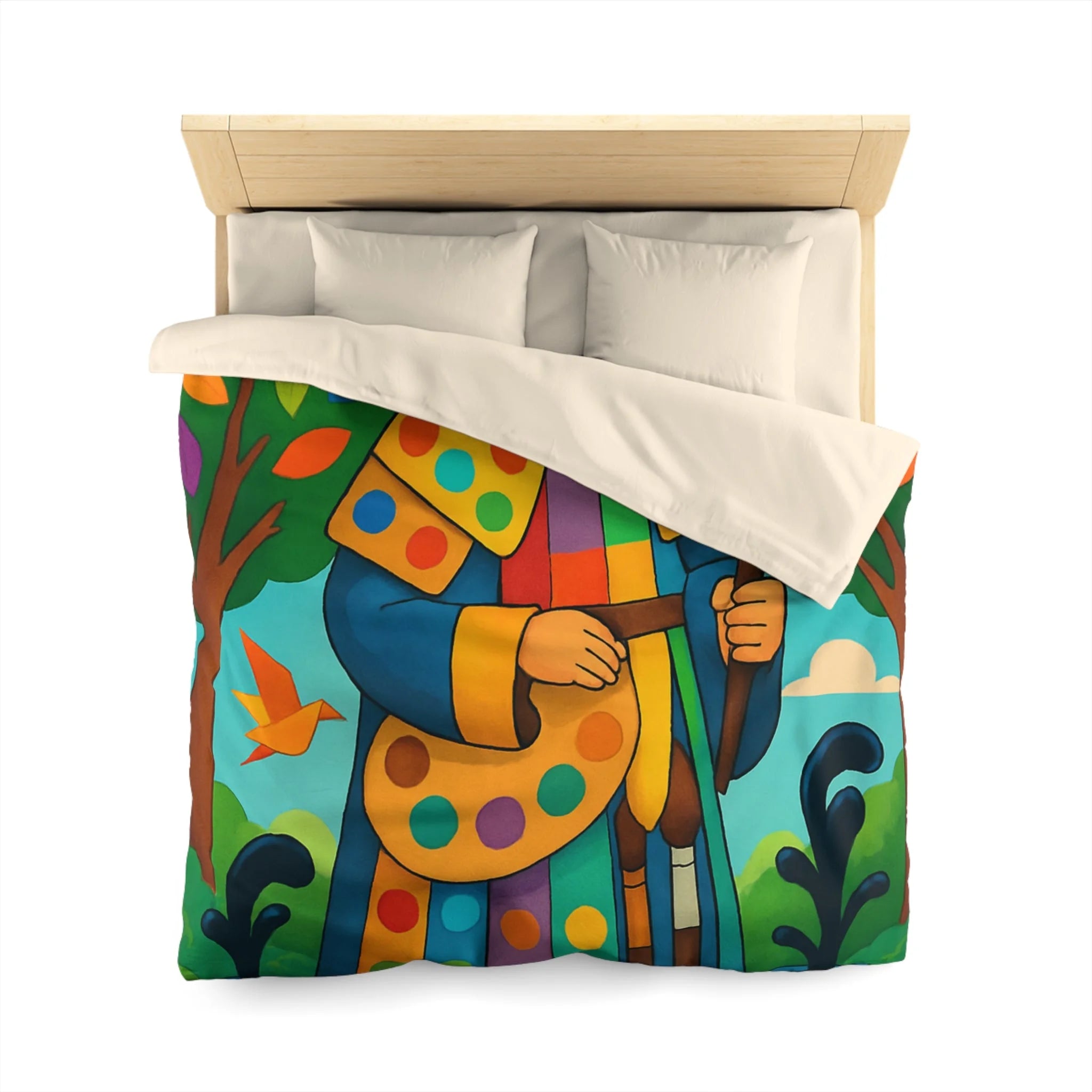 Housse de couette multicolore avec roi et oiseaux dans un jardin enchanteur