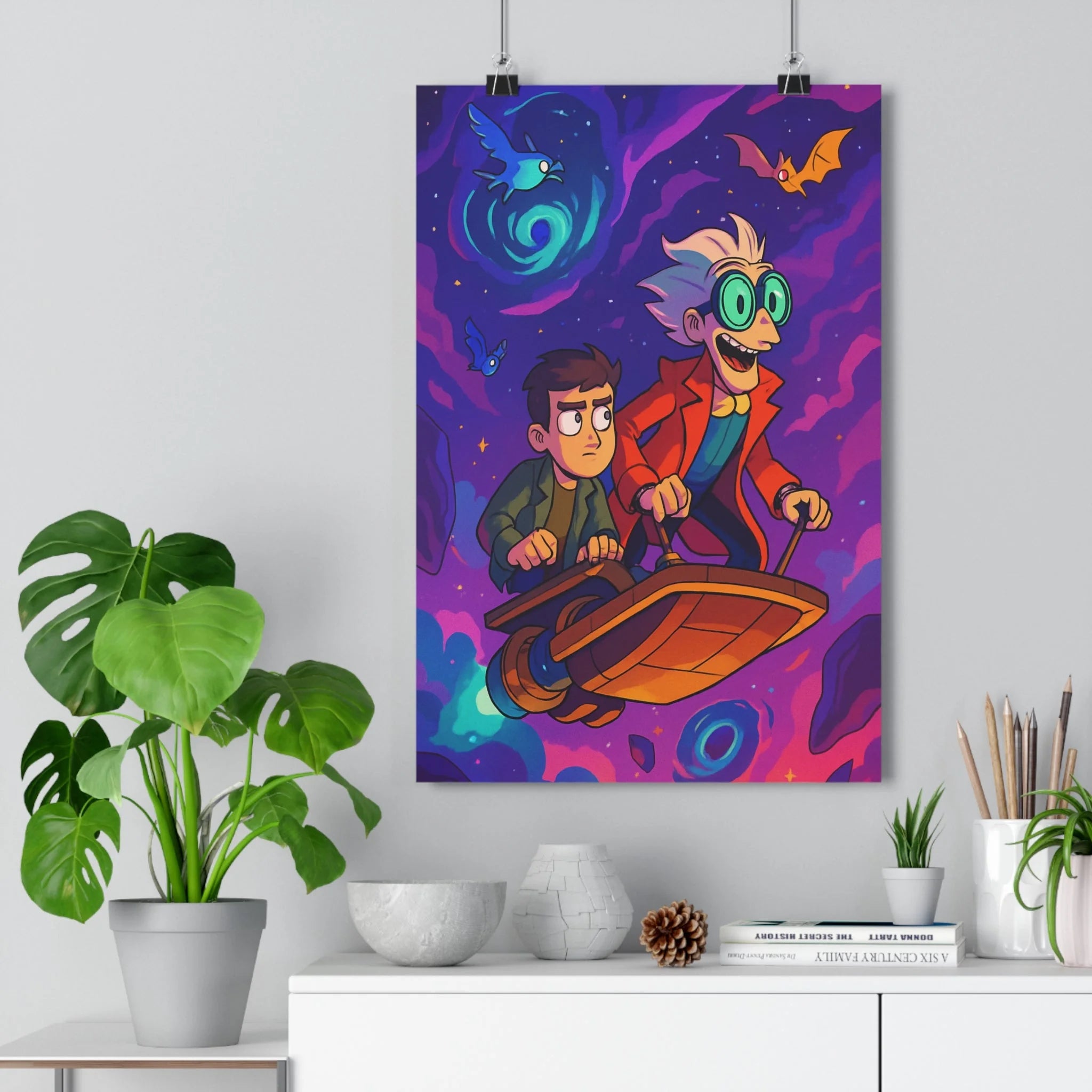Poster décoratif cartoon fantastique violet bleu aventure créatures volantes chambre salon dynamique univers qualité