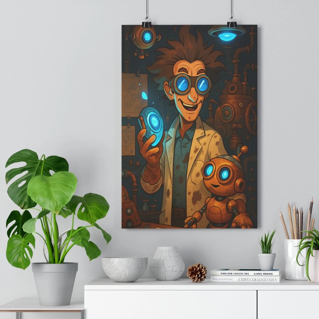 Poster décoratif steampunk bleu rétrofuturiste inventeur salon chambre robot cuivre style unique qualité premium