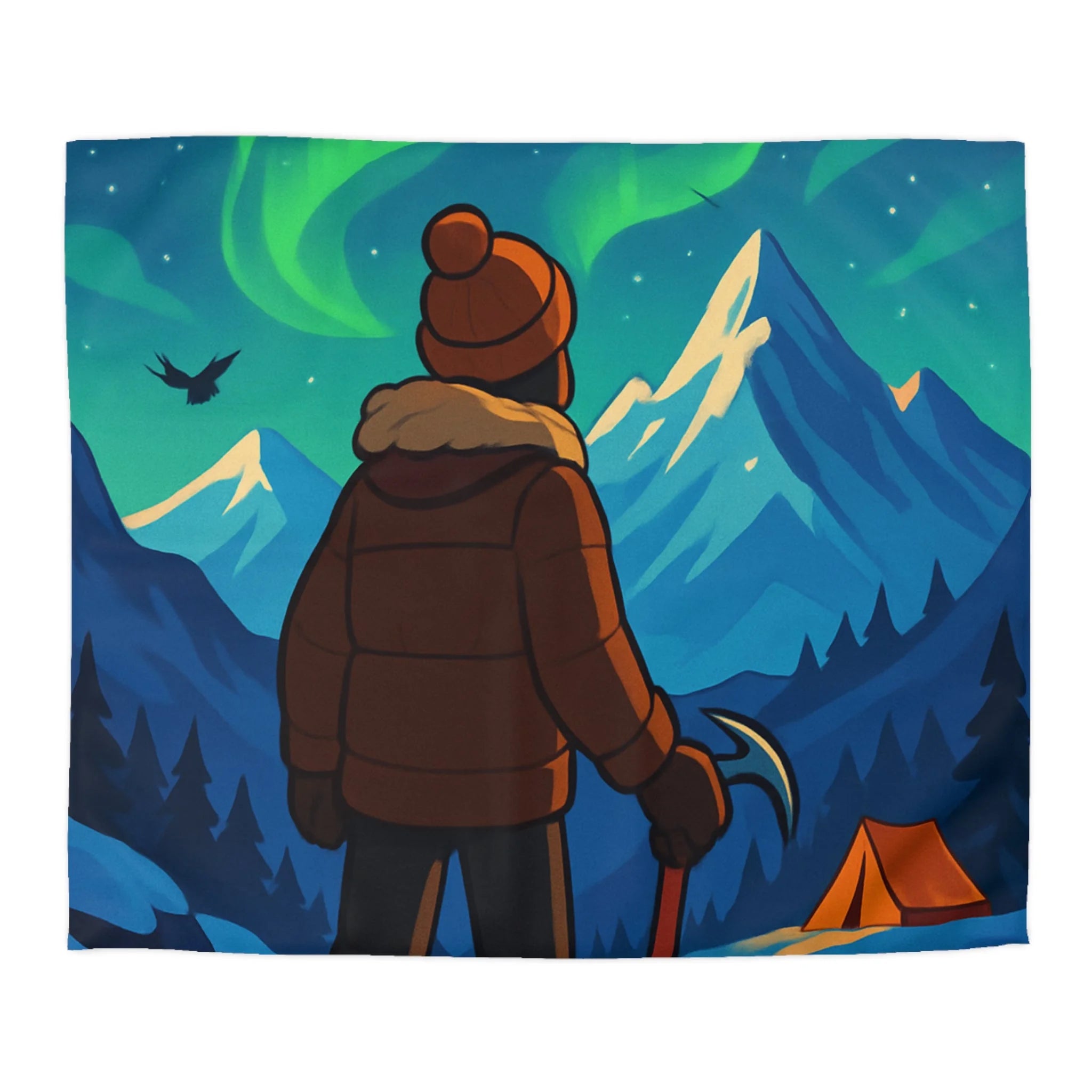 Housse de couette montagne avec aurore boréale, explorateur et tente lumineuse