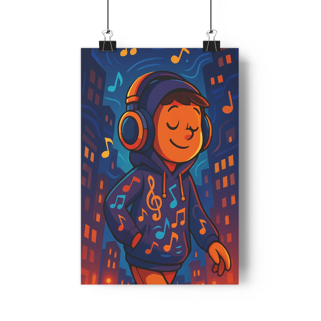 Poster décoratif personnage écoute musique cartoon bleu orange ambiance joyeuse chambre salon vibrant moderne