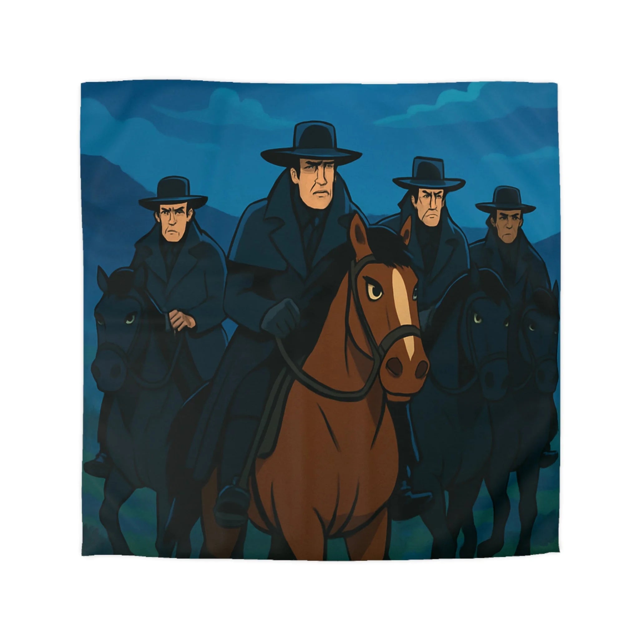 Housse de couette paysage nocturne cavalier sur cheval brun sous lune pleine