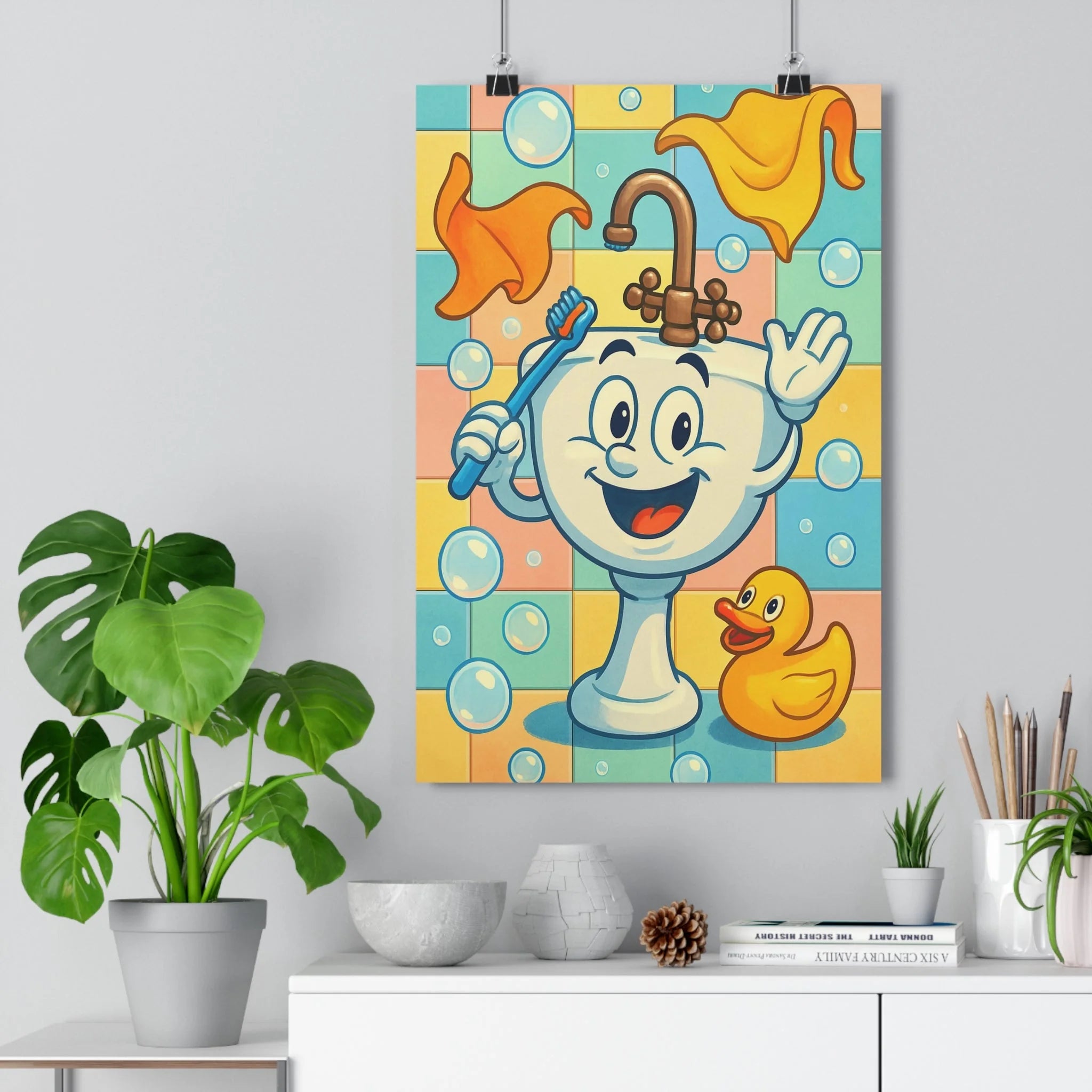 Poster décoratif lavabo cartoon joyeux salle de bain enfant coloré bleu orange amusant fantaisiste
