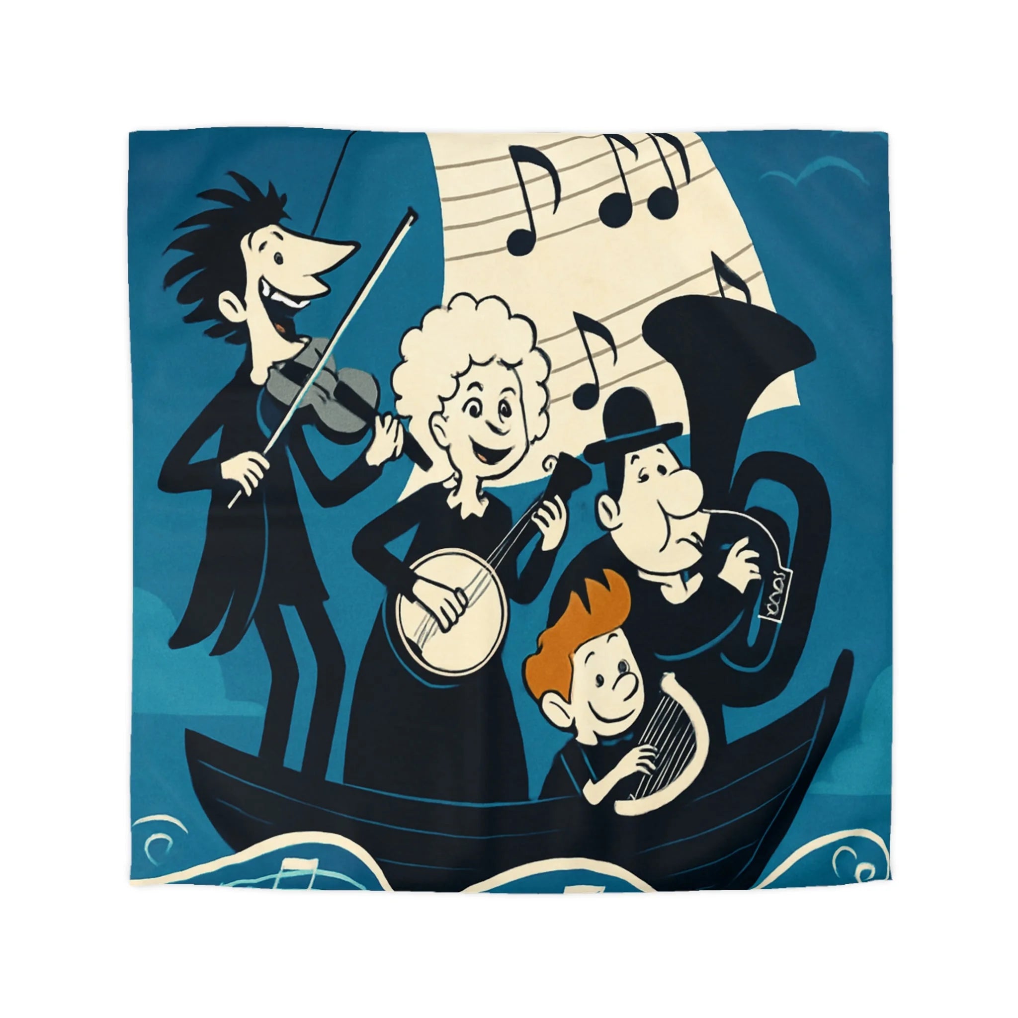 Housse de couette musicale sur l'océan avec personnages dans un bateau joyeux