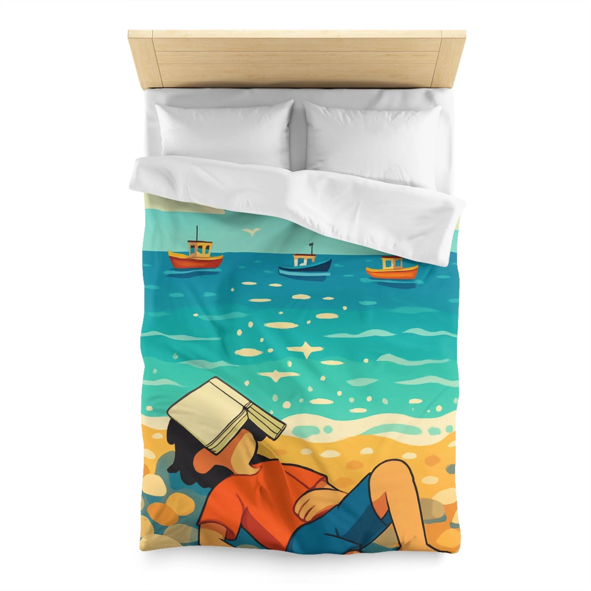 Housse de couette plage relaxante avec enfant, livre et mouettes en été ensoleillé