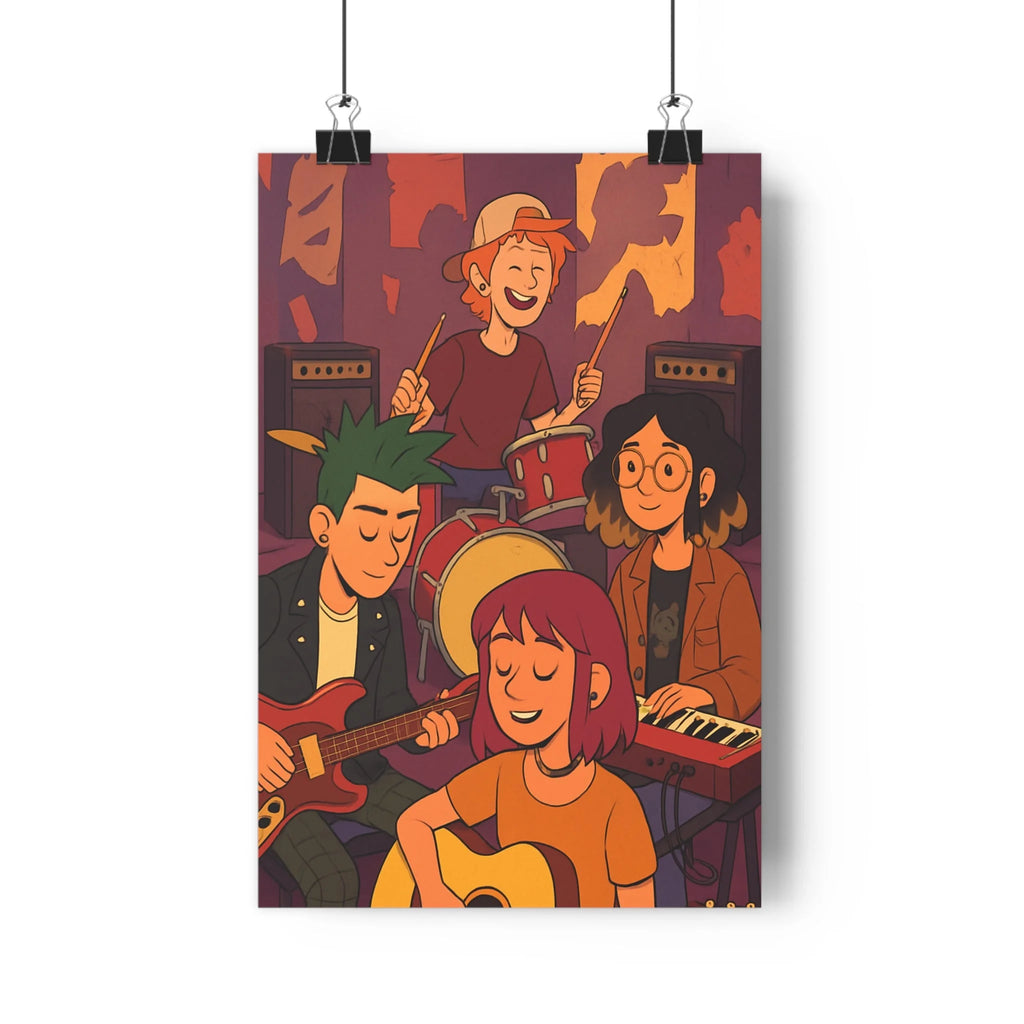 Poster décoratif contemporain anime coloré orange rouge joyeux chambre salon musique art personnages musiciens