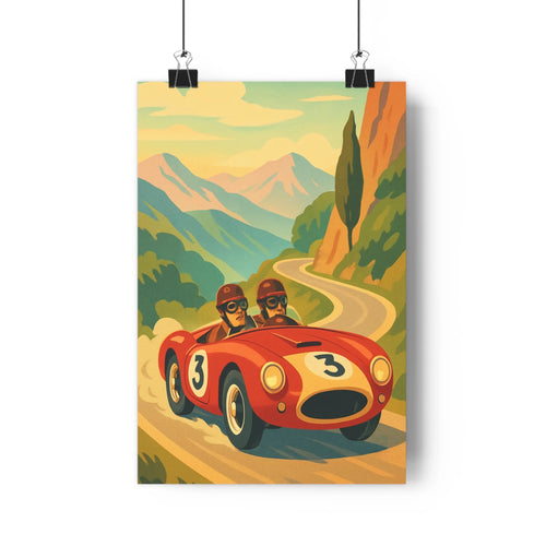 Poster course voiture rouge pilotes montagne nature verte jaunes contours simples style vintage ambiance dynamique énergique salon bureau