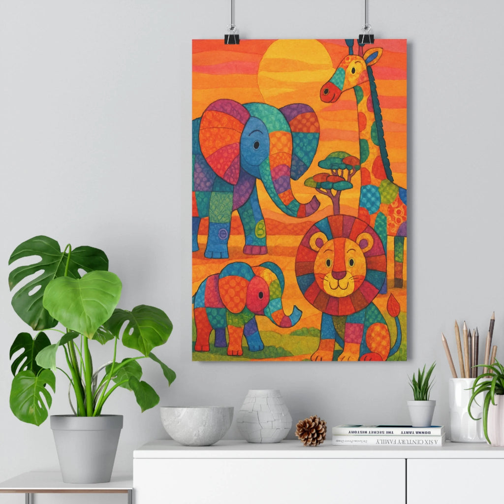 Poster décoratif safari cartoon enfant éléphant lion girafe coloré bleu orange ambiance joyeuse 30x46