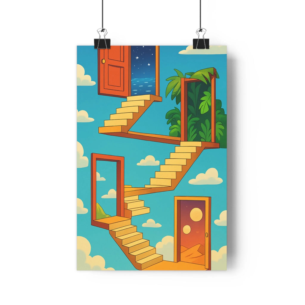 Poster surréaliste marches portes fenêtres ciel nuages étoile circulaire rectangle imagination moderne minimaliste chambre salon
