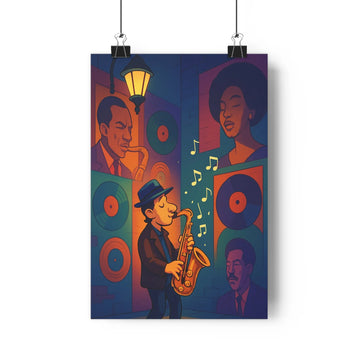Poster jazz musiciens saxophone chanteuse vinyles vibrant bleu rouge jaune vintage festif salon chambre