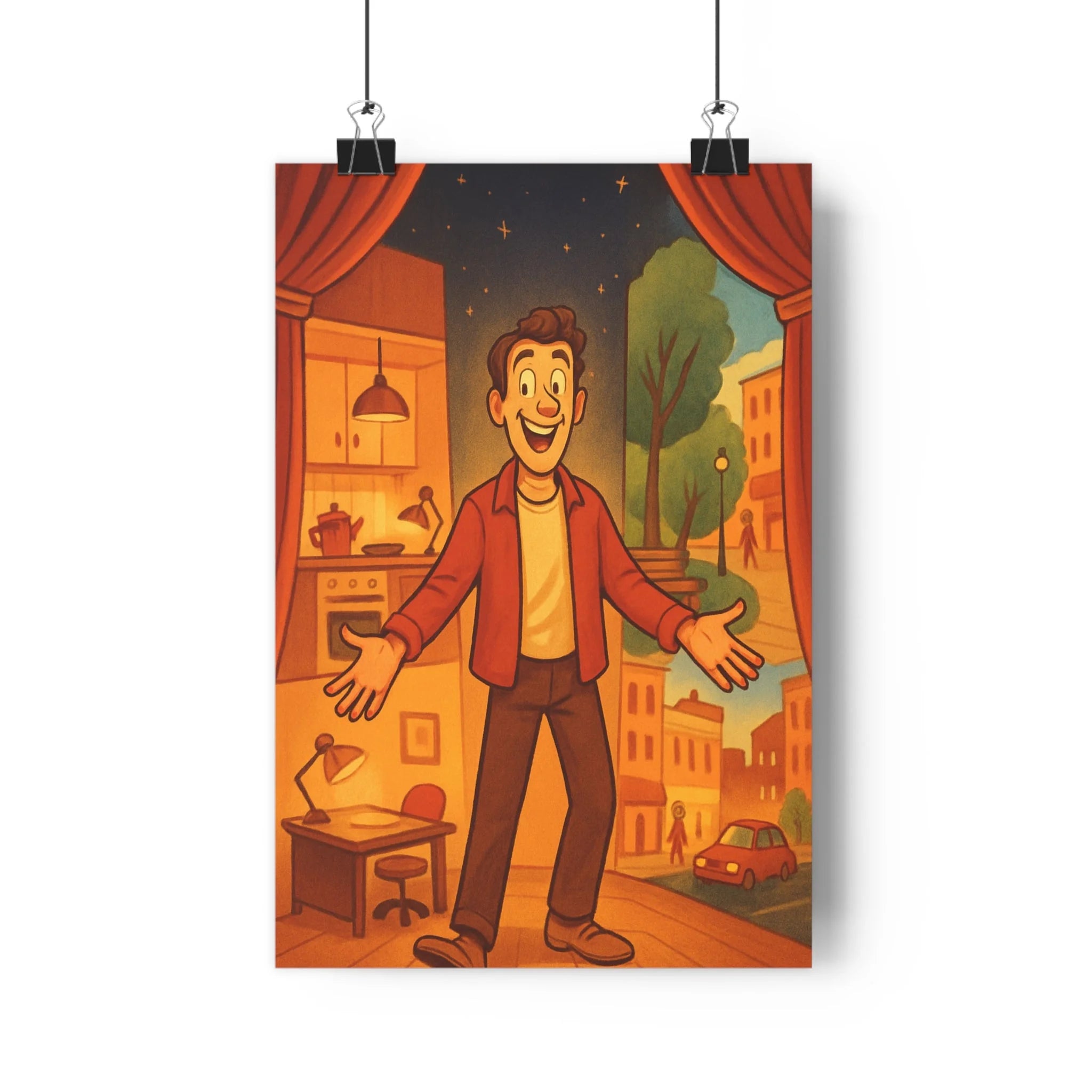 Poster décoratif cartoon joyeux orange rouge intérieur salon bureau ambiance théâtrale expressif scène étoiles