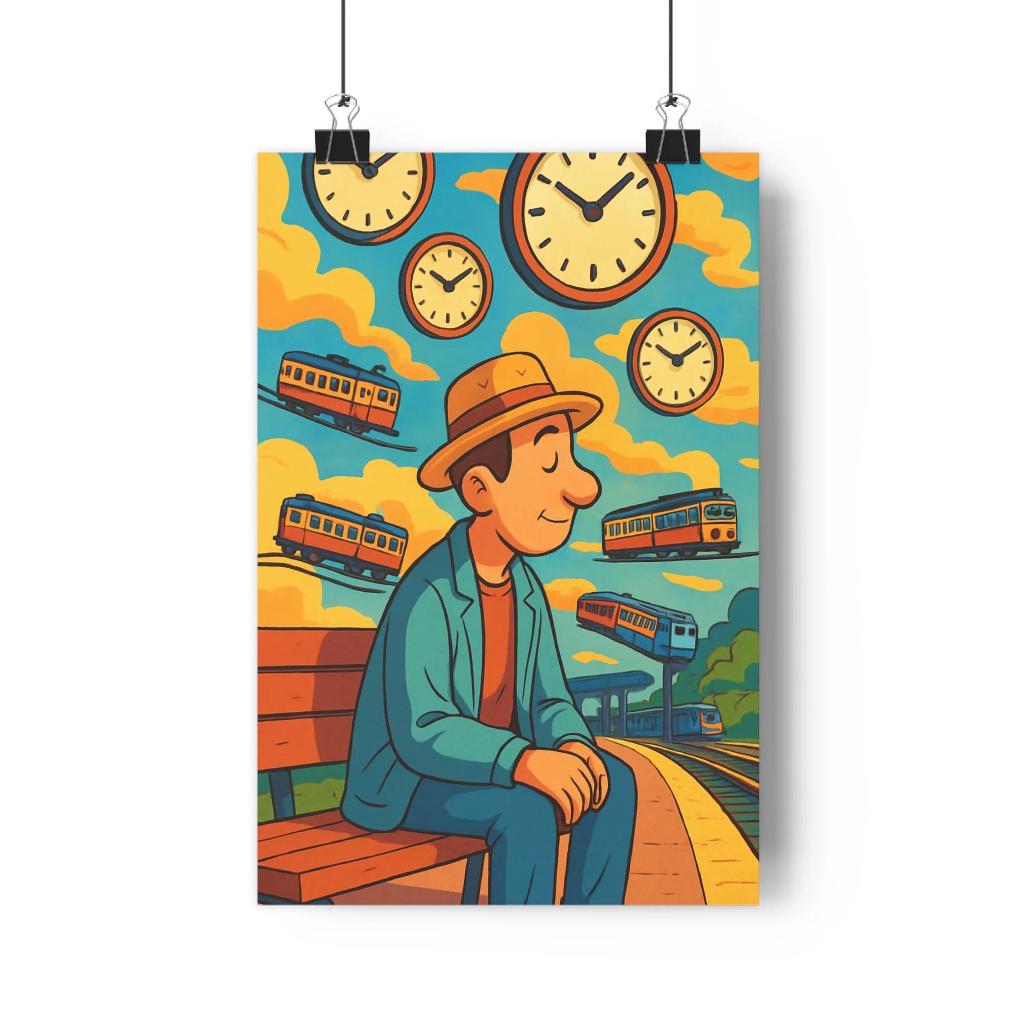 Poster décoratif surréaliste pastel bleu orange jaune fantastique apaisant salon bureau dessin animé qualité