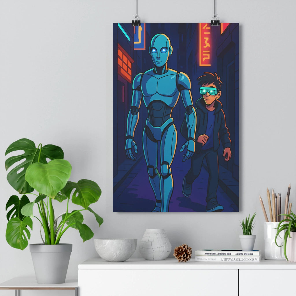 Poster décoratif futuriste bleu orange cyberpunk chambre bureau robot garçon lumineux néons captivant 30x46