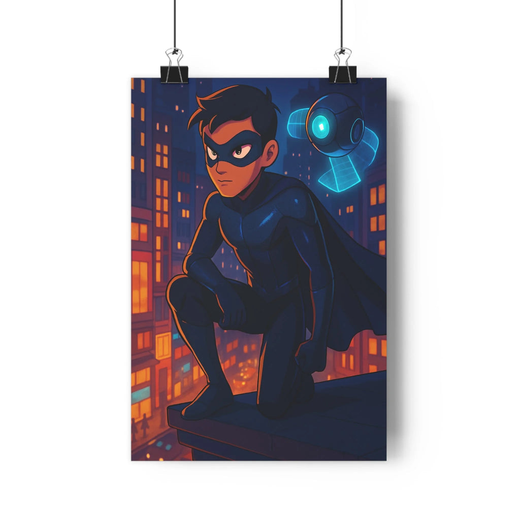 Poster décoratif jeune héros masqué urbain bleu orange moderne nocturne anime chambre aventure dynamique