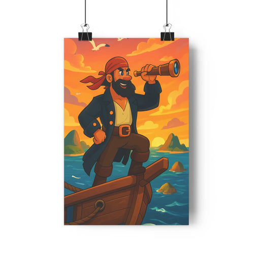 Poster pirate aventure océan îles ciel rose jaune télescope exploration navigation cartoon couleurs vives ambiance mystérieuse chambre salon