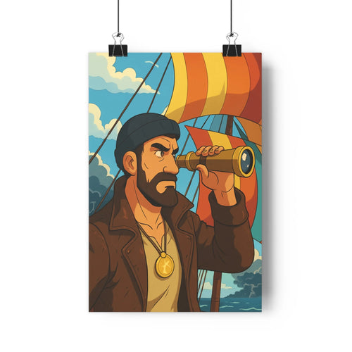 Poster marin aventure steampunk voiles rouges jaunes ciel bleu nuages verts plantes intérieur vintage dessin animé ombres douces