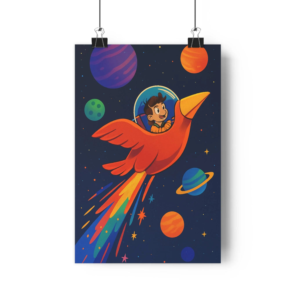 Poster décoratif capsule spatiale rouge univers coloré illustratif aventure joyeux salon enfant moderne vibrant