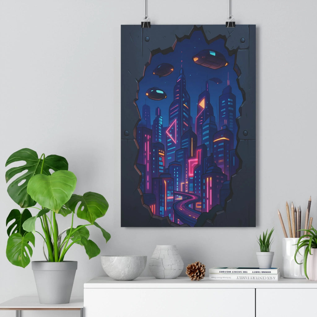 Poster décoratif futuriste cyberpunk rose bleu ville moderne dynamique chambre salon ambiance nocturne qualité
