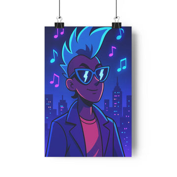 Poster urbain nuit bleue cheveux bleus lunettes foudre manteau rose gratte-ciels notes musicales ambiance musicale modernité créativité chambre salon plantes