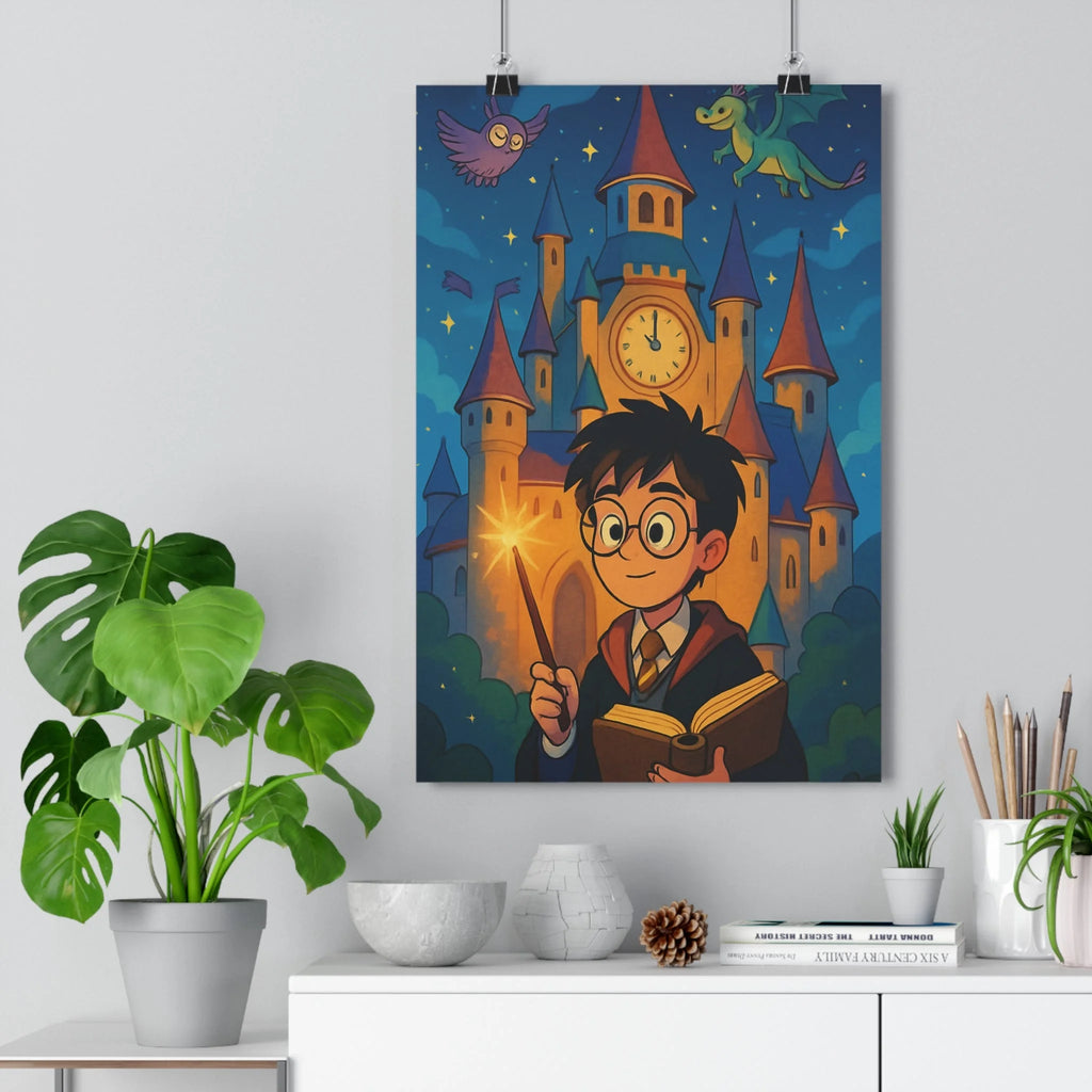Poster décoratif magique bleu jaune mystique sorcier école chambre enfant féerique enchanté mur décoration